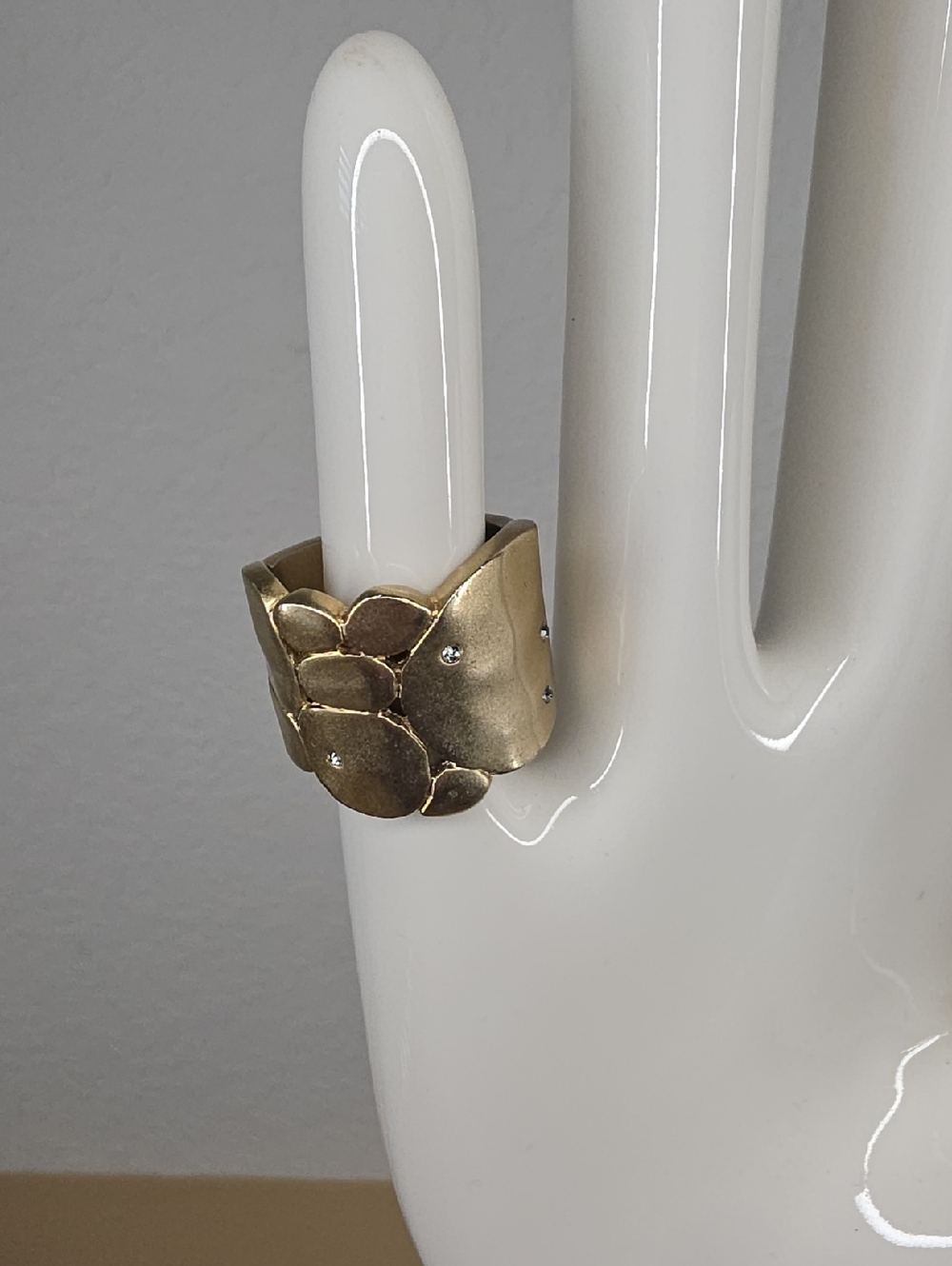 Vintage Artisan Signed Gold Layered Petal Floral Stone Accent Statement Ring